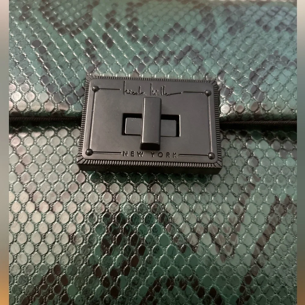 NICOLE MILLER Green Snakeskin Embossed Foldover Clutch with  Black Chain Strap